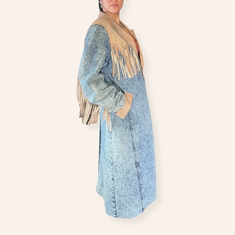 VTG Western Heavy Weight Acid Washed Denim Trench w/ Leather Fringe USA Made XL - Picture 8 of 16